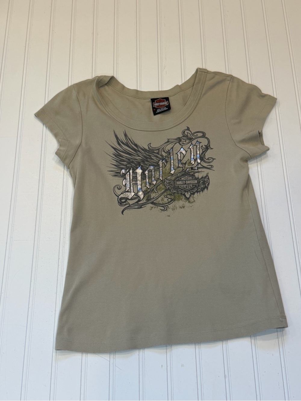 Vintage Harley Davidson Womans Graphic Tshirt Harley Logo Wing Design Tan Size M